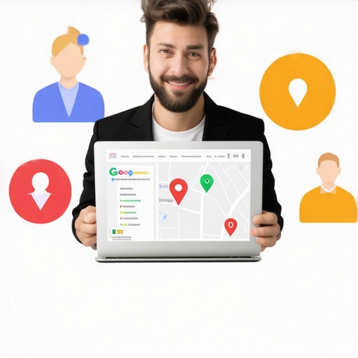 Business owner studying Google Maps analytics with community symbols around.