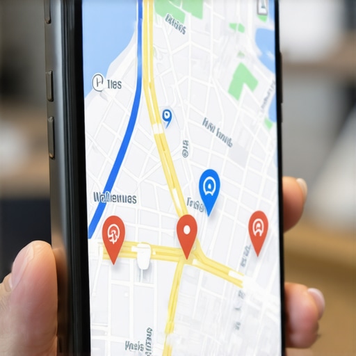 Future Trends in Local SEO and Google Maps Optimization Smartphone showing local business map, reviews, and AI icons, representing future SEO trends.
