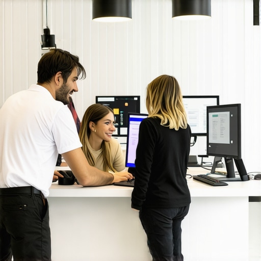 Photos of a storefront, satisfied customers, and a team optimizing Google My Business profile.