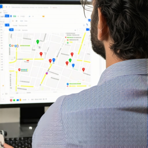 Consultant analyzing local search listings on a laptop.