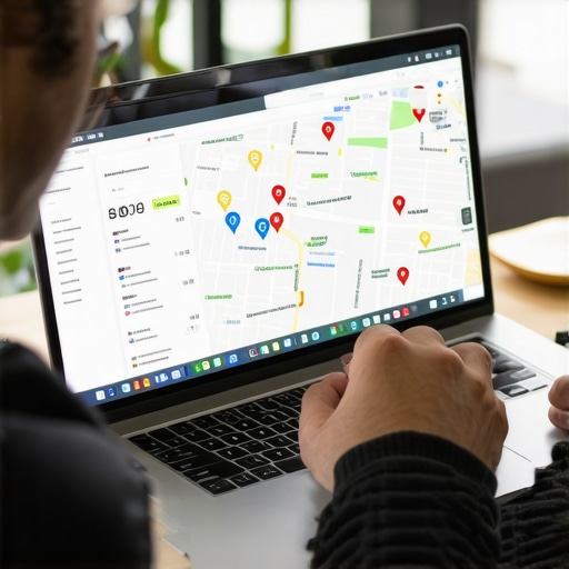 Analyzing Local SEO Data Person reviewing local SEO results on a laptop with Google Maps and analytic charts
