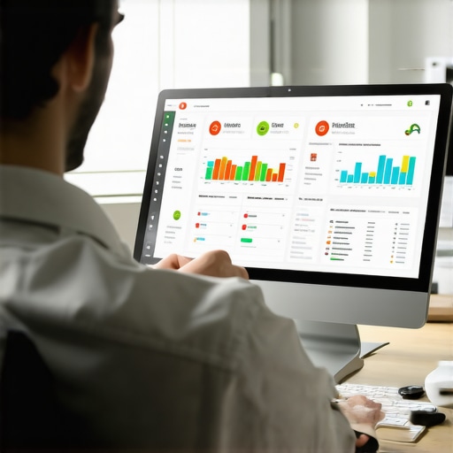 Digital marketer reviewing local SEO performance using specialized software and maps.