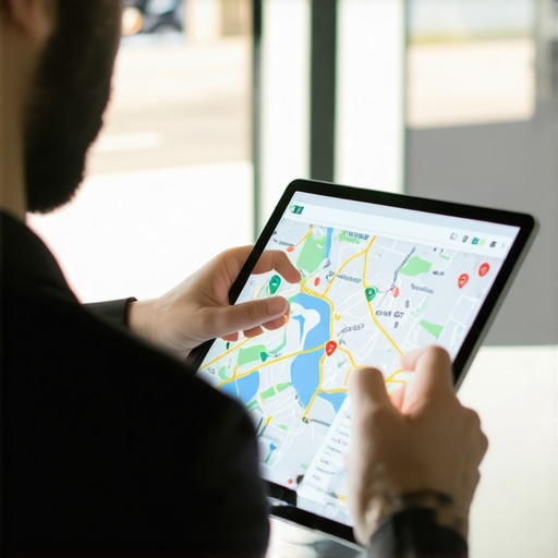 Expert SEO Analyst Reviewing Local Map Data SEO specialist analyzing local search rankings on a tablet.