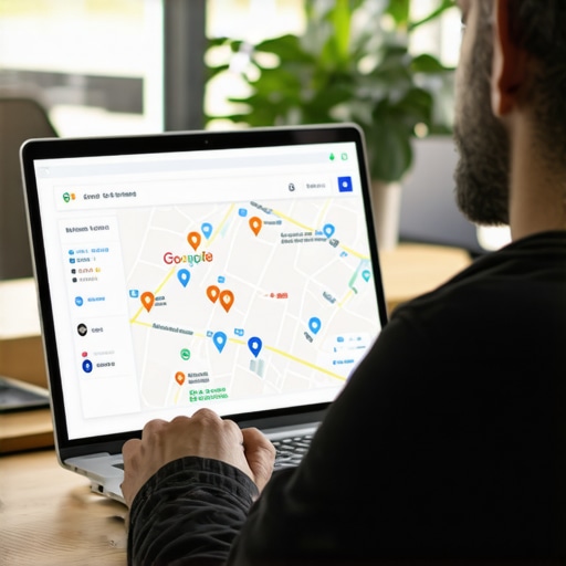 Expert analyzing Google Maps data on laptop in office