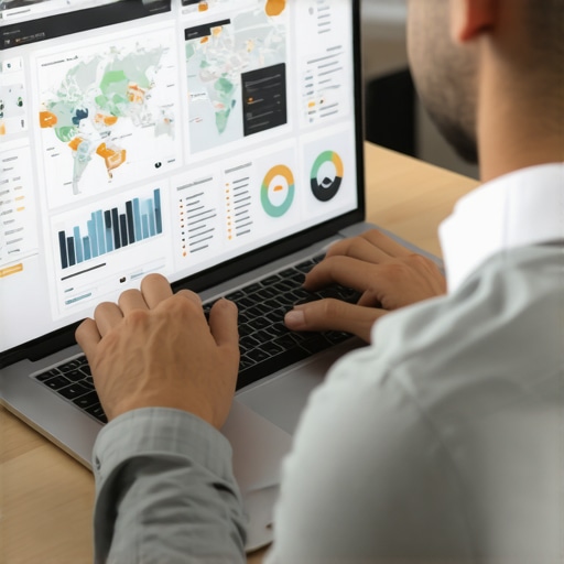 Person checking local SEO metrics and maps on a laptop in an office.