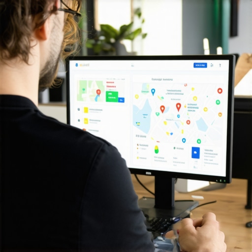 Business owner updating Google Maps profile on computer with analytics charts