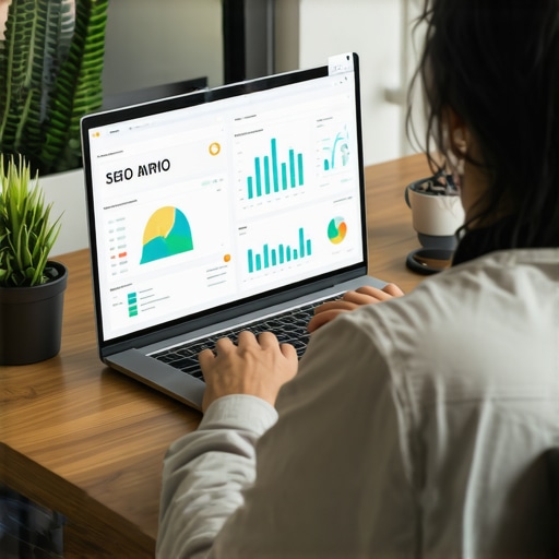 Person analyzing local SEO performance with multiple software dashboards in a contemporary office
