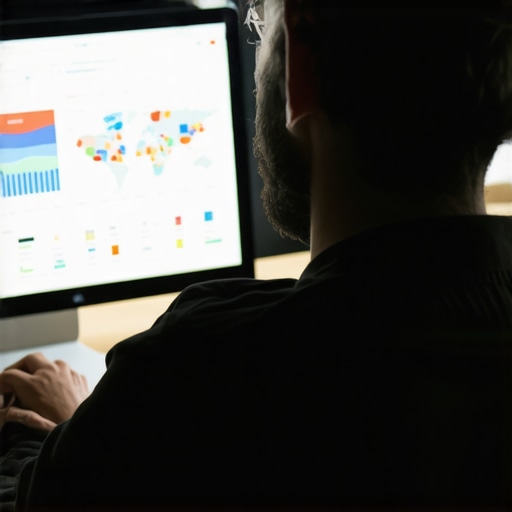 A professional analyzing local SEO data on a computer with maps and charts.