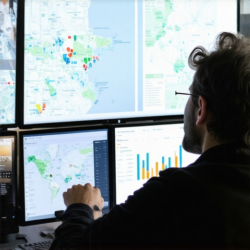 Analyzing Local SEO Data for Long-Term Success Digital marketer reviewing SEO performance metrics on multiple screens.