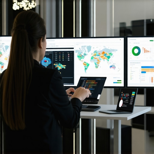 Digital Marketer Using SEO Tools A person working with SEO software displaying maps and analytics on screens.