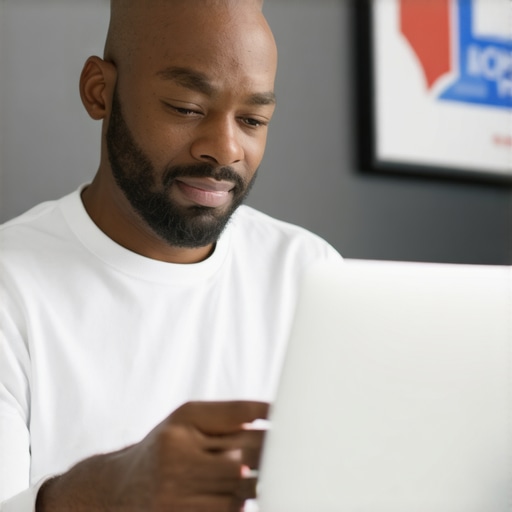 Business owner updating Google Maps profile on laptop with local storefront signs.