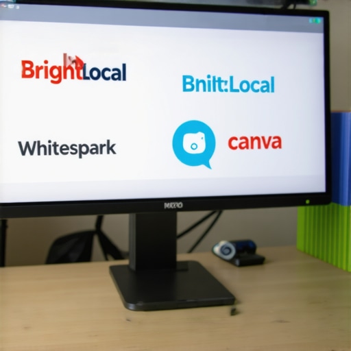 SEO tools workspace for local business A workspace showing laptops with SEO tools like BrightLocal, Whitespark, and Canva for Google Maps maintenance.