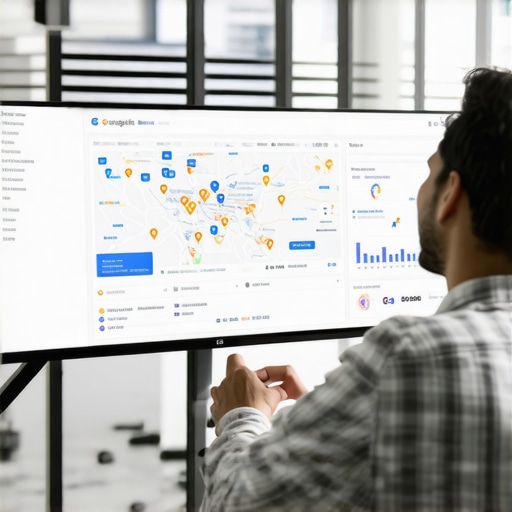 Digital marketer reviewing Google Maps analytics on a large monitor, focusing on location and ranking metrics.