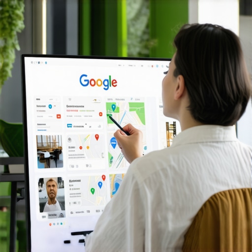 Business owner analyzing Google Maps profile with digital tools in an office setting