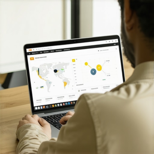 Digital Marketer Using Local SEO Tools Person analyzing local SEO analytics on a laptop with maps and charts.