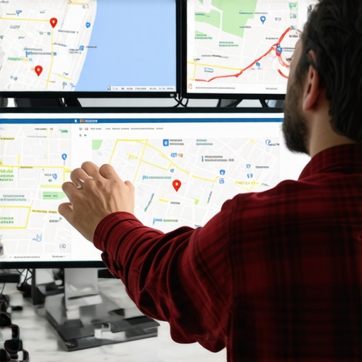 Expert SEO Analyzing Local Map Data SEO expert working on local map data with multiple monitors showing Google Maps insights and technical overlays.