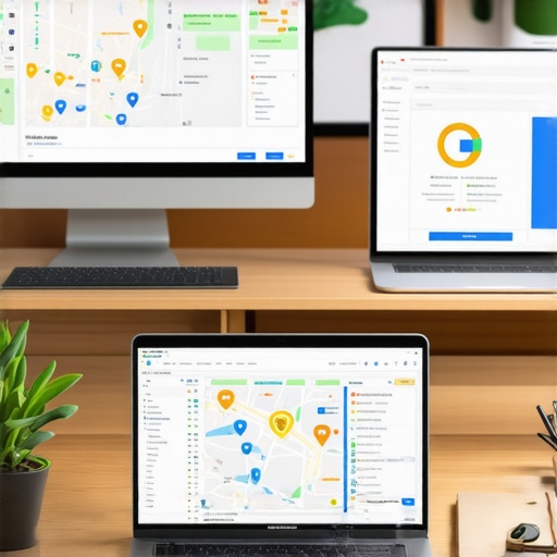 Close-up of SEO analytics on computer screens showing Google Maps data and tools used for maintaining local rankings.