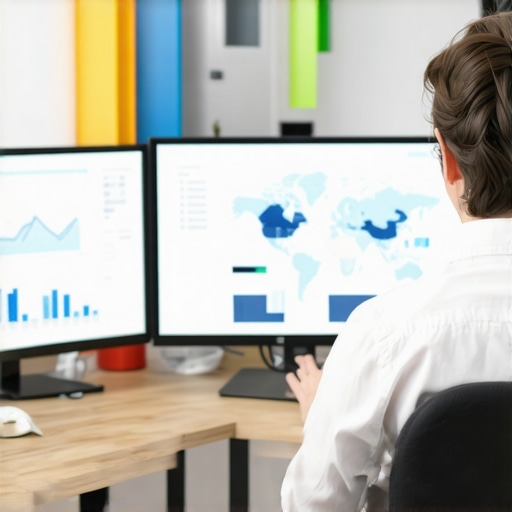 A professional SEO expert analyzing maps and rankings on multiple screens.