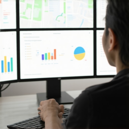 An individual analyzing local SEO data on multiple digital screens, emphasizing tools and analytics