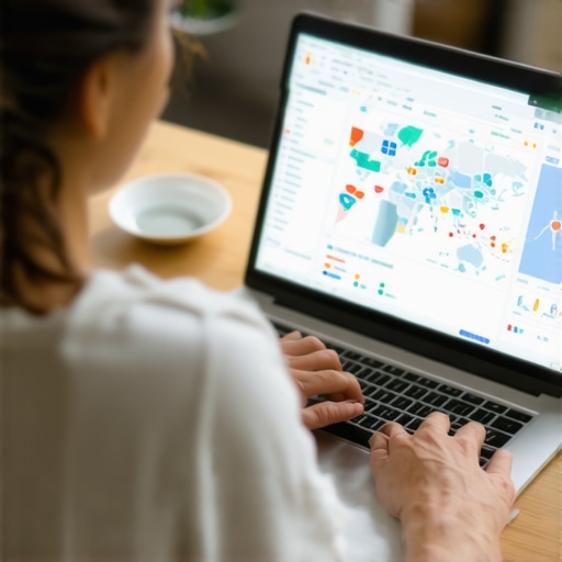 Using SEO Tools for Map Ranking Maintenance Person analyzing local SEO data on laptop with maps and charts