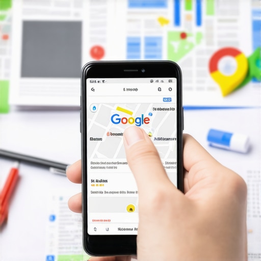 Business owner verifying Google Maps listing on smartphone with maps and SEO tools surrounding.