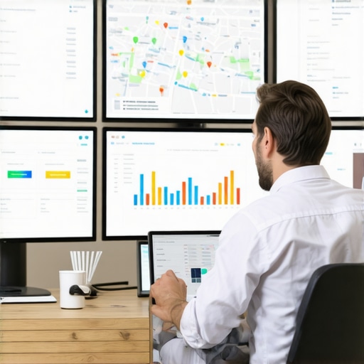 Analyzing Local Map Data SEO analyst analyzing local SEO metrics on computer screens