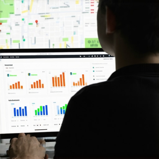 Person reviewing SEO performance data on a computer with maps in the background.