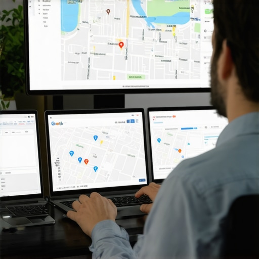 Expert analyzing Map Data SEO specialist troubleshooting Google Maps issues on multiple monitors.