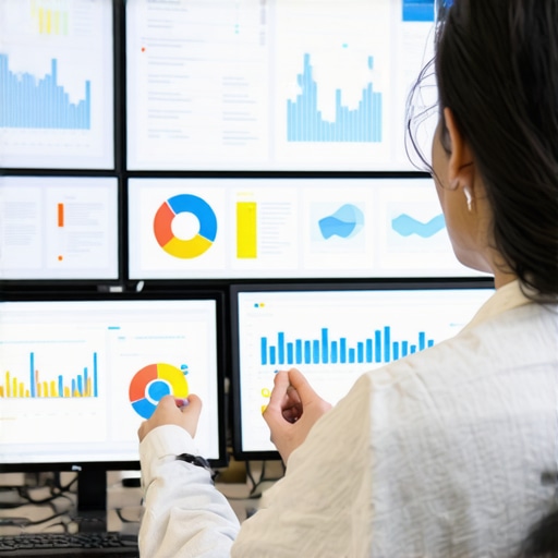 Local SEO Tools Dashboard A person analyzing local SEO performance metrics on computer screens with cityscape background.