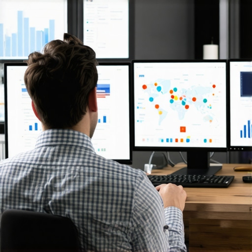 SEO Tools for Long-Term Local Map Management A person analyzing local SEO data across multiple monitors with maps and analytics charts.