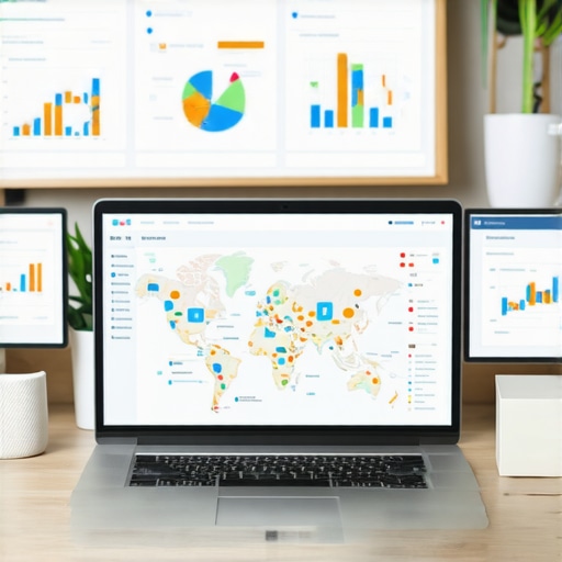 SEO tools for local map maintenance A workspace with SEO software dashboards and a team managing local map profiles.