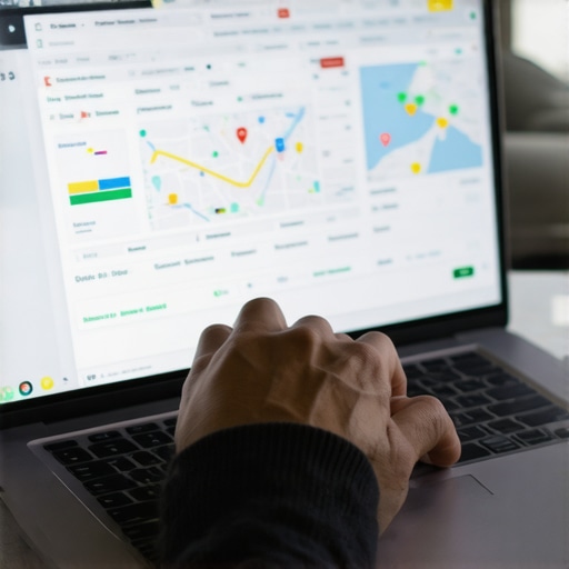 Person managing Google Maps profile with SEO tools on a laptop.