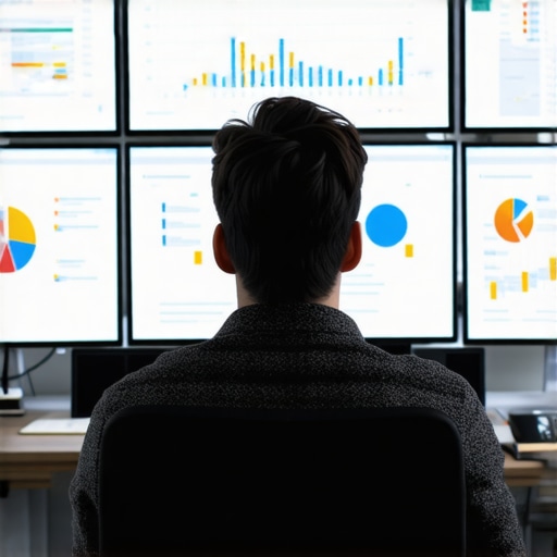 Person reviewing SEO data and maps on dual monitors in a professional workspace.