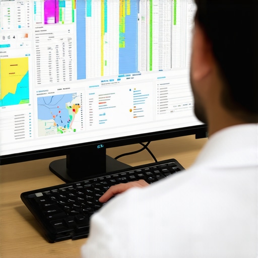Expert troubleshooting local map issues Technician analyzing geospatial map data on computer monitor.