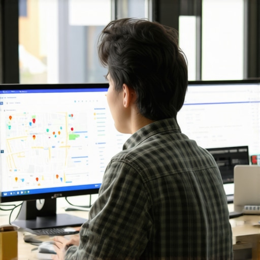 Local SEO Optimization in Action Person optimizing Google Maps profile using SEO tools and dashboards.