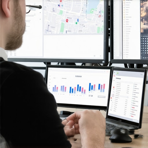 Local SEO Tools in Action Person reviewing local SEO analytics on multiple monitors, showcasing tools for map and ranking monitoring.